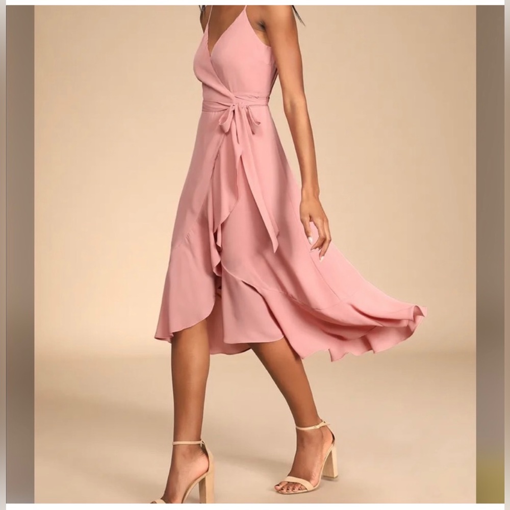Manhattan Moment Mauve Ruffled Midi Wrap Dress